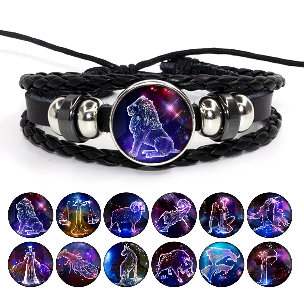 Vintage PU Leather Braided 12 Zodiac Bracelet – Unisex Synthetic Gemstone Crystal Wristband, Factory Direct Wholesale Jewelry for Men & Women
